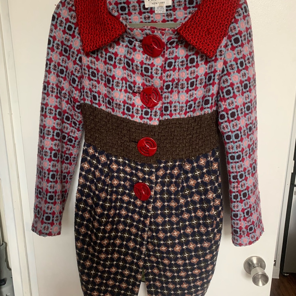 An Ren Red Collar Mixed-Pattern Pea Coat - Picture 7 of 16